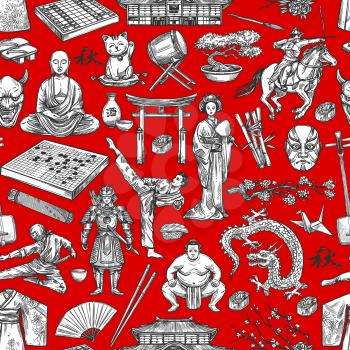 Japan history and traditional culture items seamless pattern. Vector sketch background of sushi, geisha kimono or tea ceremony cup and ikebana, Japanese samurai or Go and Shogi game, koto and shamisen