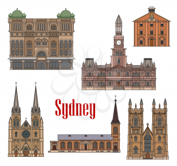 Sydney famous architecture buildings vector icons. Australia facades of Saint James church, Hyde park barracks and Queen victoria building, Saint Mary and Andrews cathedral and town hall