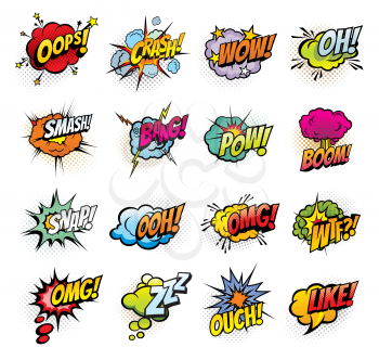 Comic book bubbles and sound blasts icons. Vector cartoon pop art bubbles of Oops, Crash or Bang sound and omg boom, Ouch or Zzz and wtf or snap cloud blast explosion