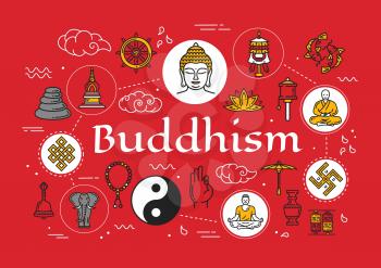 Buddhism religious culture and Zen meditation symbols. Buddha monk mudra gesture, Yin Yang fish and swastika sign or Dharma wheel and temple drums, Buddhist beads or stupa, lotus and victory banner