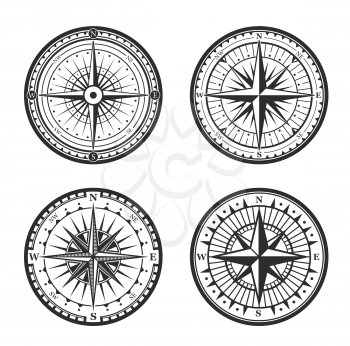 Old navigation compass heraldic icons. Vector Winds Rose symbol of nautical compass of marine and seafarer journey, ship sail navigator with direction arrow pointers to East, West or North and South