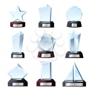 Glass awards and crystal trophy prizes. Vector realistic empty blank transparent star, circle or rectangle sport champion achievement and music winner awards on pedestals with title plates