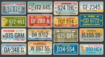 Abstract vehicle registration plates. Vector number plates of California, Alabama or Virginia and Hawaii, Montana or Illinois and US Georgia or Delaware, Idaho and Michigan. Abstract numbers