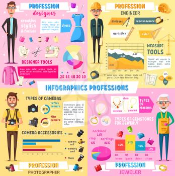 Professions infographic of jobs and professional occupation charts in fashion designer, construction engineer or jeweler and photographer. Vector work tools diagrams and statistics flowchart