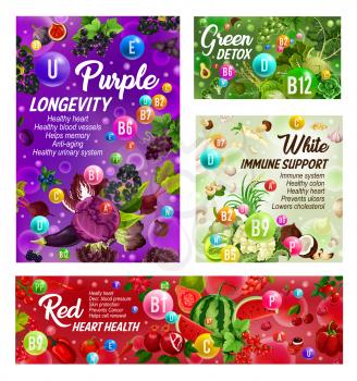 Rainbow diet and healthy food nutrition. Vector color diet vitamins and minerals, immune support in organic fruits and vegetables, longevity and green detox or heart health in salads and berries