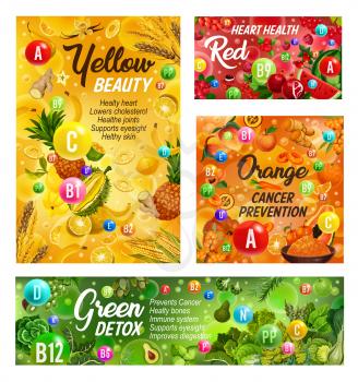 Rainbow diet healthy food and vitamins in fruits and vegetables. Vector color diet organic and natural nutrition salads and berries, green detox or red heart health and citrus cancer prevention