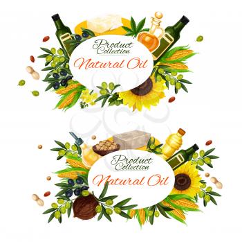 Natural cooking oils of sunflower, olive or linseed flax and peanut and maize corn oil. Vector extra virgin oil bottles and jars with organic palm, avocado or hemp seed and hazelnut oil
