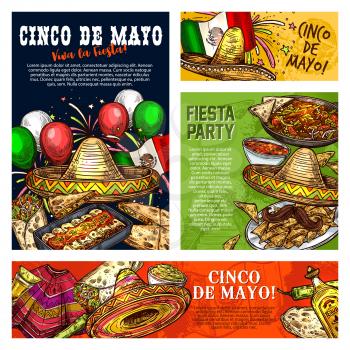Cinco de Mayo Mexican holiday fiesta celebration. Vector sketch posters and banners of Cinco de Mayo traditional food tacos, nachos and guacamole with nachos, Mexico flag and poncho or sombrero