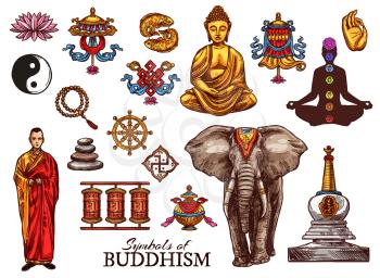 Buddhism religious meditation and Zen symbols. Vector Buddha monk mudra, Yin Yang fish sign or Dharma wheel and temple drums, elephant and Buddhist victory banner or beads and swastika