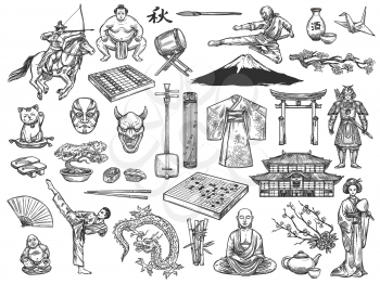 Japan historical culture traditional icons. Vector sketch sushi, geisha kimono or tea ceremony and ikebana, Japanese samurai or Go and Shogi, koto and shamisen, Fuji mount or sakura, sumo and bonsai