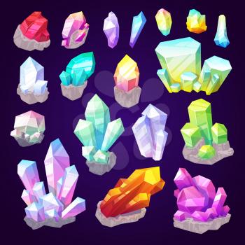 Gemstone crystals, gem stones and natural minerals. Vector sparkling brilliant diamond, emerald jewel or sapphire shine and amethyst with ruby in precious cutting jewelry