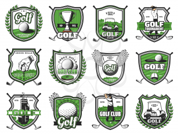 Golf club badges of ball with wing, champion cup and golf cart. Vector golf sport championship heraldic icons of club and player on tee course
