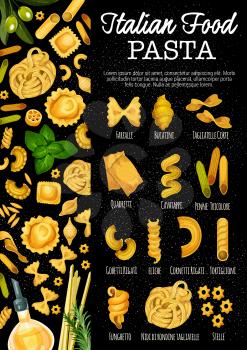 Italian pasta, Italy traditional food. Vector pasta sorts farfalle, bucatini or tagliatelle corte and quadretti, cavatappi or penne tricolore with gobetti rigati, eliche or cornetti and tortiglioni