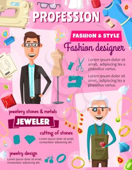 Fashion designer or dressmaker tailor and jeweler professions. Vector dress and clothes tailoring, sewing machine and threads, jewelry diamonds and gemstones appraiser with magnifier