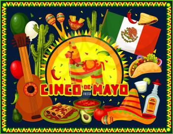 Mexican party vector design of Cinco de Mayo holiday. Fiesta sombrero, guitar and maracas, cactus, tacos and nachos, tequila, margarita and Mexico flag, decorated with balloons and ethnic frame