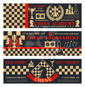 Chess academy or tournament and championship banners. Vector chess leisure games pieces horse, rook and king crown on chessboard strategy background with score clock
