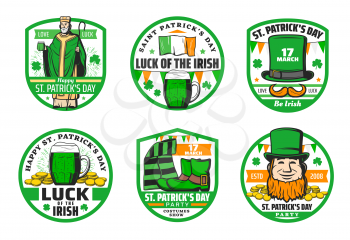St Patricks Day green badges with vector symbols of religion Irish holiday. Leprechaun with beer, hat and gold coins, shamrock and clover, orange beard, moustaches and Ireland flag, boots and scarf