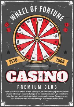 Wheel of fortune and casino gambling games poster. Vector poker gamble dice and prize roulette with money jackpot win, stars and ribbons