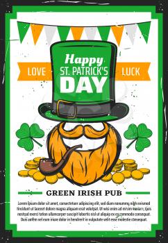 Happy St Patricks Day vector poster of religion Irish holiday design. Leprechaun with green hat, smoking pipe and clove leaves, gold coins, shamrock, orange beard and moustache with bunting flags