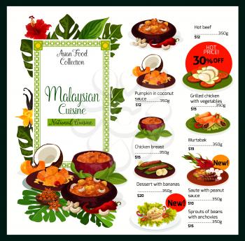 Malaysian cuisine traditional dishes menu. Vector Malaysia food of hot beef, pumpkin in coconut sauce or grilled chicken breast with vegetables and murtabak, bananas dessert and bean sprouts