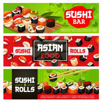 Sushi bar menu banners of sushi rolls, sashimi and maki. Vector Japanese food sushi with shrimp, salmon or tuna and scallop tempura or eel in rice and nori seaweed