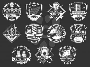 Energy power and electricity service icons. Vector symbols of electrician tools, power plant or energy solar battery with windmill, eco electric car technology, lamp bulb switcher and socket plug
