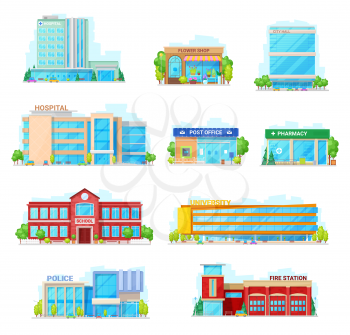 Houses and buildings vector icons. Isolated hospital, flower shop or city hall and post office or pharmacy, municipal school building and university or police and fire station