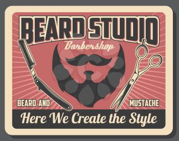 Barbershop poster, beard shave and mustaches cut. Vector haircut studio or men hairdresser salon with razor shaver and hair scissors