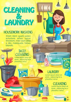Home cleaning service, housework laundry and washing. Vector housekeeping woman in apron washing kitchen plates with soap and sponge, laundry detergent, vacuum cleaner and floor mop