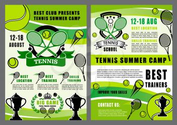 Tennis summer camp tournament or sport training school posters. Vector tennis game tournament, victory cup or racket wit bal and fan club stars on badge