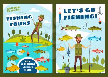 Fishing tours and fisher adventure sport. Vector fisherman with tackles and fish catch lures at sea or river and lake fishing pike, perch or salmon and trout