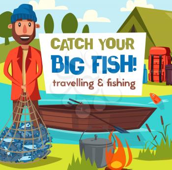 Fisher on fish catching tour or hobby leisure. Vector fisherman fishing and traveling with camp at river or lake with boat, rod lures or tackles and fish in net