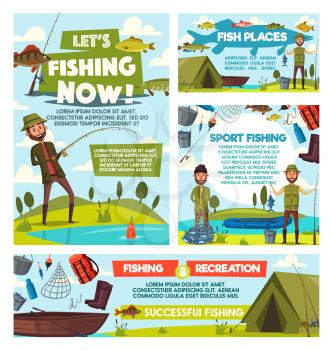 Fishing sport torus and fisherman fish catch hobby or leisure adventure. Vector fishers with rod tackles, lures and boat at lake or river, camping tent and fishing equipment