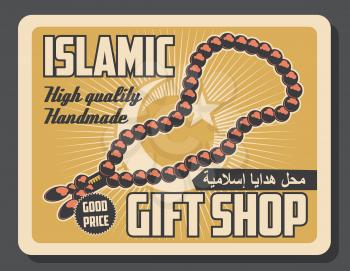 Islamic gift shop advertisement retro poster of Muslim mullah priest beads. Vector vintage design of crescent moon with Arabic script writings for religious society