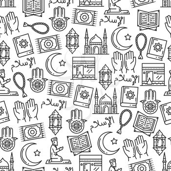 Islam religion holy symbols in seamless monochrome pattern. Hamsa hand and crescent with star, beads and lantern, mosque and prayer. Quran and arabic calligraphy in endless texture outline vector