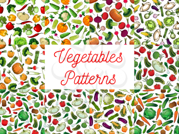 Vegetables seamless pattern background set with tomato, carrot, pepper, onion, cucumber and eggplant, beet and radish, potato, cabbage, broccoli, pea, pumpkin and garlic