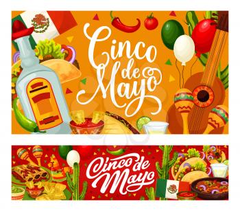 Cinco de Mayo Mexican holiday vector greeting cards of fiesta party food and drinks. Guitar, maracas and cactus, tequila margarita, chilli and Mexico flag, tacos, nachos and avocado guacamole
