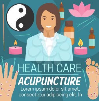 Acupuncture alternative medicine or Chinese traditional medical needle therapy. Vector acupuncture doctor with medical aromatherapy essential oils, candles or Yin Yang sign and lotus