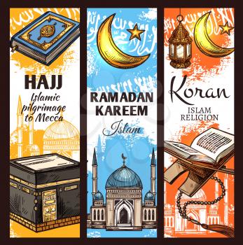 Islam religion Ramadan Kareem, muslim hajj to Mecca and arabic Koran book. Islamic Kaaba mosque, crescent moon and lantern, rosary beads and masjid sketches. Religious pilgrimage vector theme