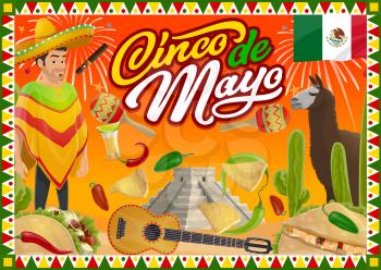 Cinco de Mayo Mexican guitar, sombrero and mariachi maracas of fiesta party vector design. Cactus, chilli and tequila margarita, tacos, nachos and flag of Mexico, alpaca and cigar greeting card