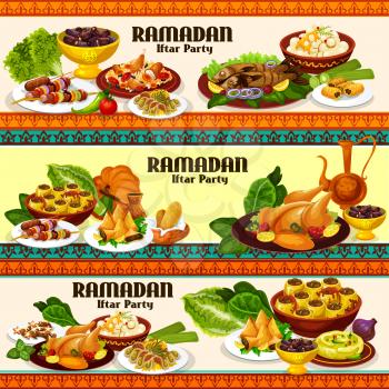 Ramadan food and iftar party dishes with traditional arab coffee, chicken rice biryani and dates, samosa, kebab and baklava. Grilled fish, chickpea hummus and stuffed zucchini, vector theme