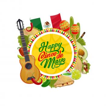 Happy Cinco de Mayo vector design with Mexican holiday guitar, maracas and chilli tacos, flag of Mexico, cactus and avocado, lime, jalapeno pepper and cigar. Latin American fiesta party greeting card
