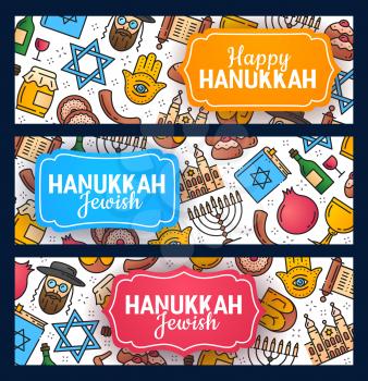 Happy Hanukkah calligraphy greetings and Israel Jewish holiday symbols pattern. Vector Chanukah or Hannukah menorah candle, dreidel and Torah scroll, Jewish David star and synagogue rabbi