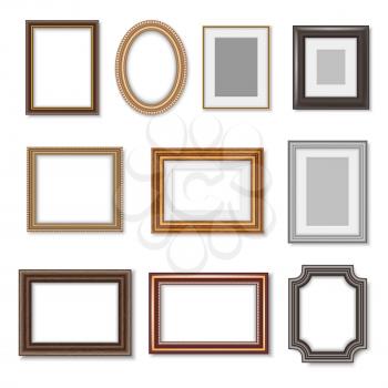 Photo frames and ornate picture borders isolated realistic set. Vector blank rectangular vintage wooden photo frame with ornate edges and luxury oval golden mirror borders