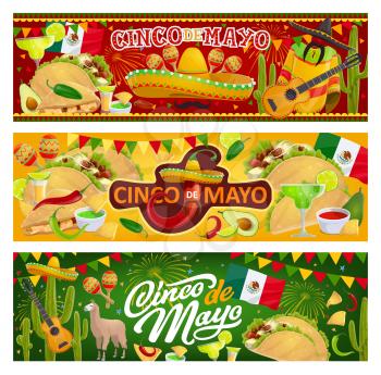 Mexican holiday Cinco de Mayo, traditional Mexico 5th May fiesta party celebration. Vector Mexican food tacos, nachos and tequila with avocado, Cinco de Mayo symbols of cactus, sombrero and mustache