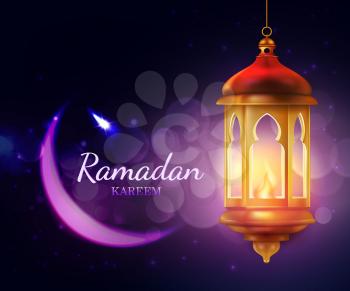 Ramadan Kareem lantern, Islam religion festival Eid 3d vector greeting card. Crescent moon with arab golden lamp, decorated by stars and sparkles. Muslim fasting month Ramazan design