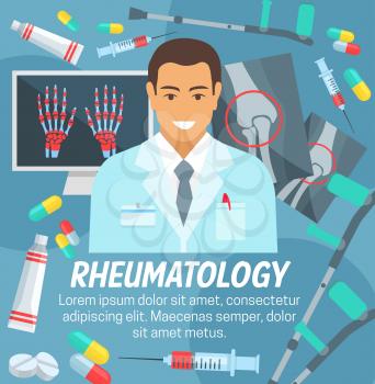 Rheumatology medicine clinic and rheumatologist doctor. Vector joint bones X-ray diagnostics, legs and arms osteochondrosis or spine osteoporosis and orthopedic diseases treatments and medical pills