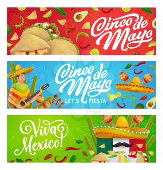 Cinco de Mayo fiesta party vector greeting banners with Mexican holiday mariachi sombreros, food and drink. Guitar, maracas and moustaches, cactus, Mexico flag and tequila margarita, chilli and tacos
