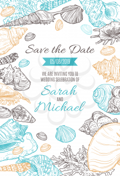 Save the Date marine sketch wedding invitation. Vector bride and groom marriage or engagement beach party date invitation with tropical seashells, corals and jellyfish sketch pattern
