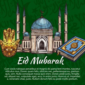 Eid Mubarak Muslim holidays poster. Vector Islamic religious symbols, mosque minarets with crescent moon, Eid Mubarak Arabic ornament calligraphy pattern, Quran and Hamsa hand amulet sketch